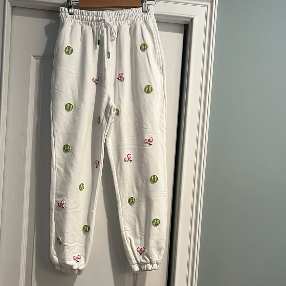 White Joggers with Pink and Green Embroidery